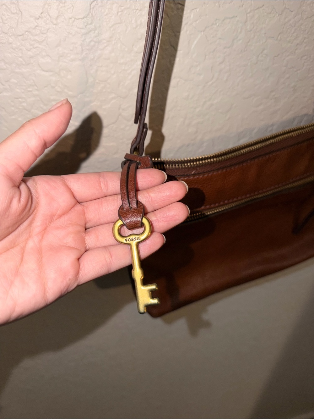 Fossil Tan/Brown Leather Crossbody with Gold Key Charm